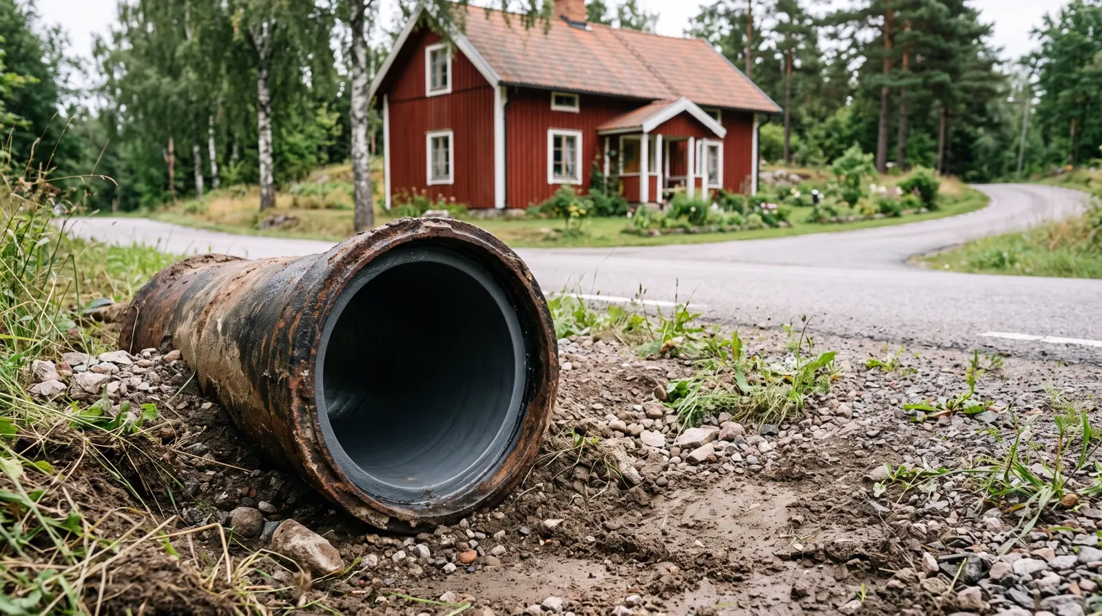 Ett uppgrävt avloppsrör i diket framför ett rött villahus. Utsidan är rostig och sönderfrätt, insidan har ett jämnt grått plastskikt.